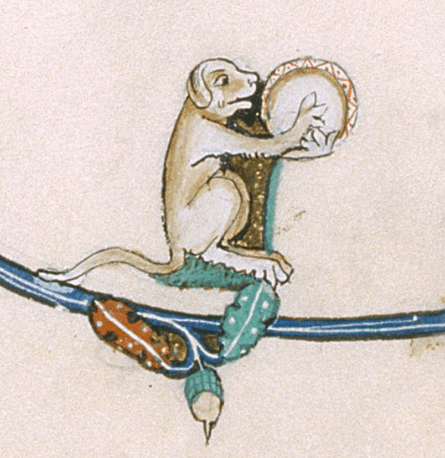 Medieval manuscript image of a dog playing a drum.