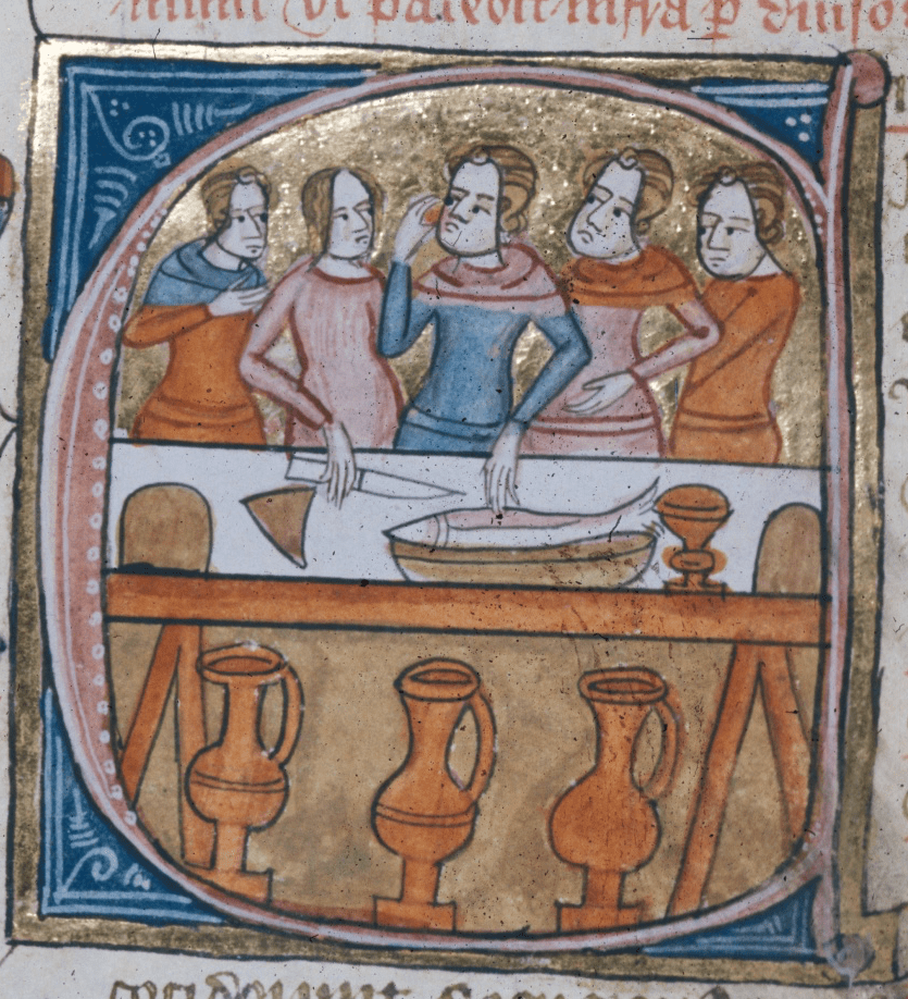 Medieval manuscript illustration inside a letter C depicting a group of people standing behind a dining table bearing a fish, knife and goblet.