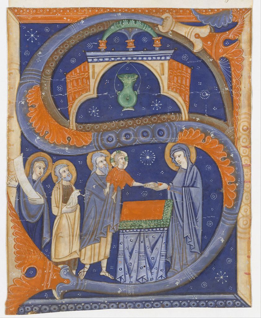 Medieval manuscript letter S, inside which is illustrated the presentation of Christ at the temple.
