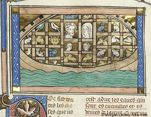 Medieval manuscript image of a boat floating in water, with the heads of two men and women and many different animals in compartments.
