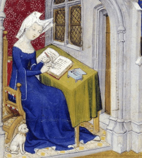 Medieval manuscript image of a woman at a desk writing in a book, with a small dog at her feet.
