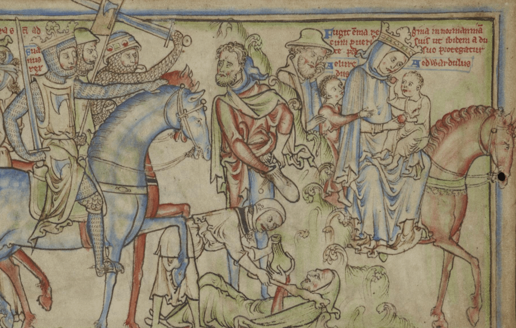 Medieval manuscript image of a queen and her two young sons on a horse, pursued by a king and his men in armour wielding swords.