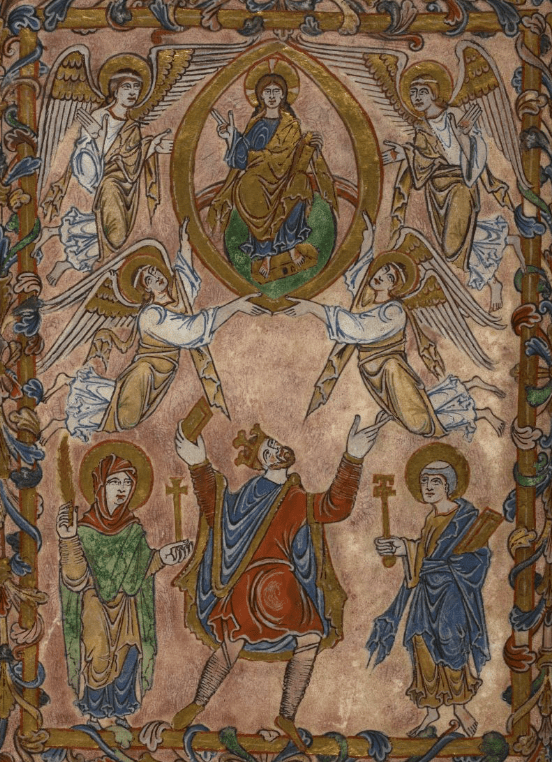 Medieval manuscript image of a king, flanked by two saints, holding a tablet or book up to Christ, who sits in a mandorla surrounded by angels.
