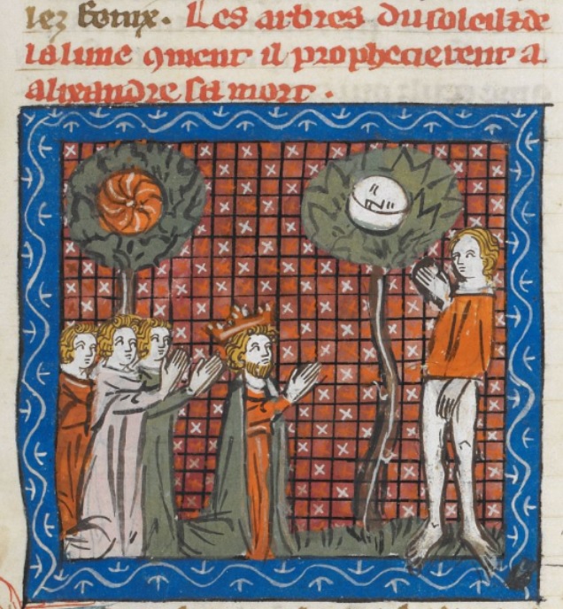 Medieval manuscript image of a king and his men kneeling and praying before two trees, one with a sun on it and one with a moon on it, to which a standing figure gestures.