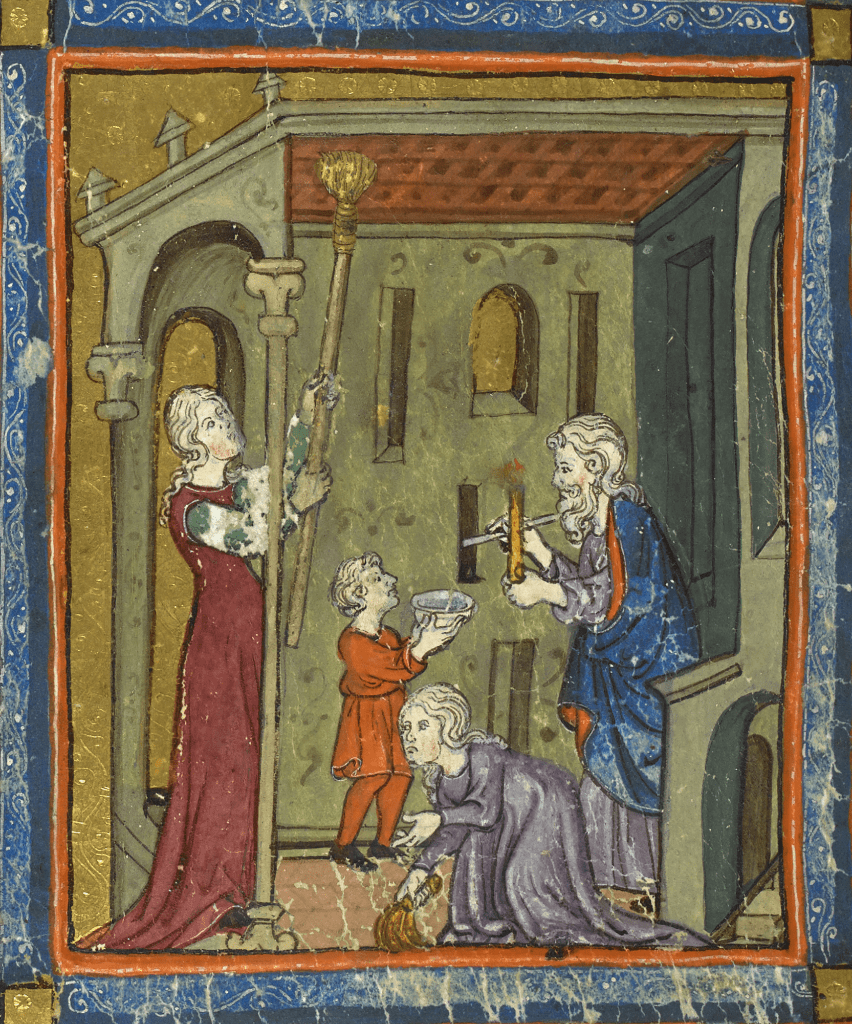 Medieval manuscript image of a man, woman and two children cleaning the inside of their home; the man holds a burning candle in his left hand and a feather for dusting a cupboard in his right.
