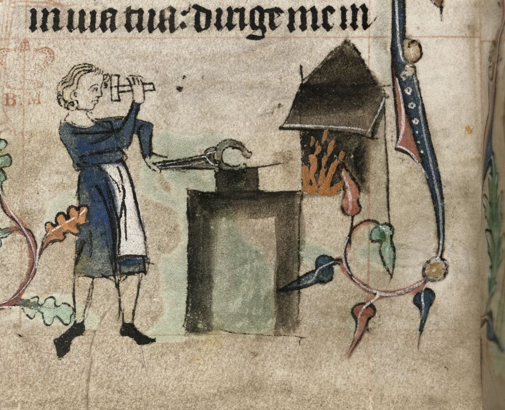 Medieval manuscript image of a blacksmith holding a hammer in one hand and in the other hand a tool positioning a horseshoe on an anvil.