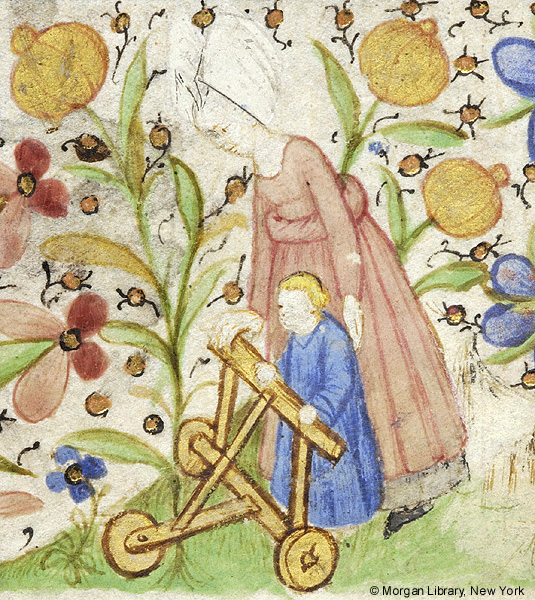 Medieval manuscript image of a mother and her child holding onto a three-wheeled walker.