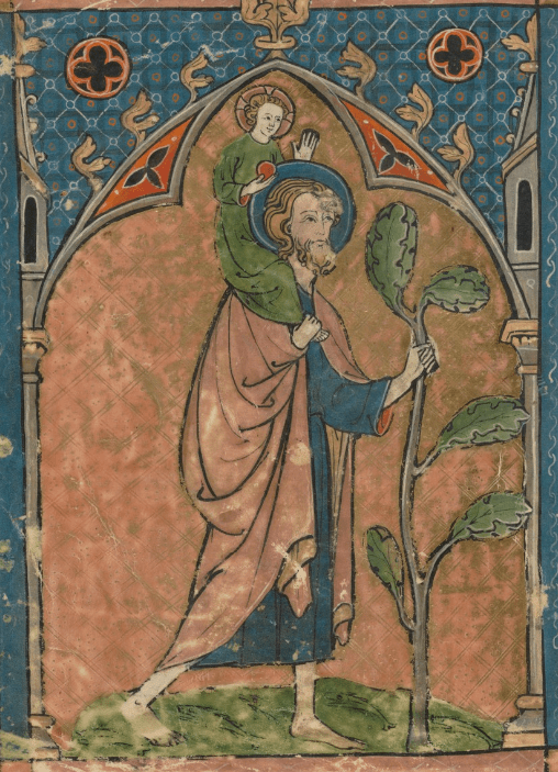 Medieval manuscript image of a barefoot St Christopher crossing a river, carrying the infant Jesus on his shoulders.