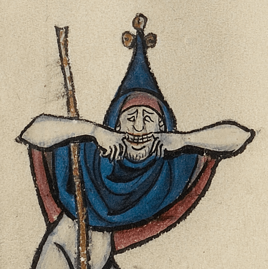Medieval manuscript image of a man in a jester's hood and cloak pulling his lips apart with his thumbs in a toothy grin.