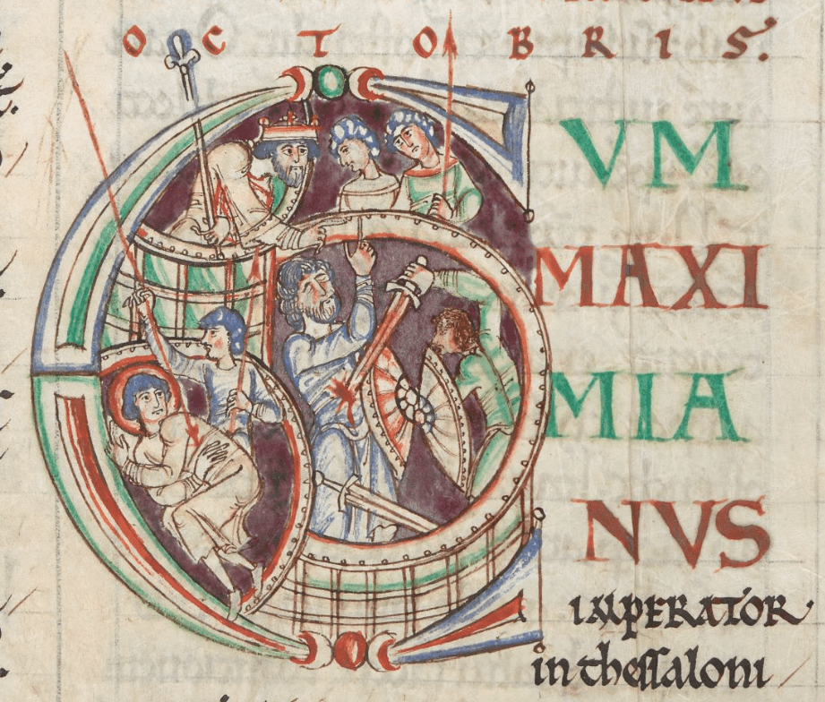 Medieval manuscript image of a king watching a soldier stab another soldier with his sword, and a man with a halo being speared by another man, all depicted within a letter C.