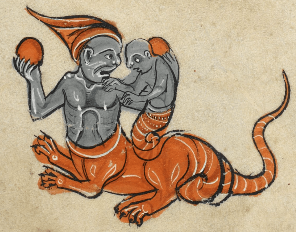Medieval manuscript image of a cat-human hybrid with snake tail holding a sphere in each hand and gazing upon his human-snake hybrid child.