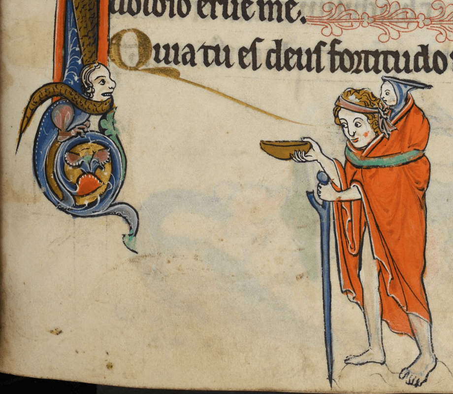 Medieval manuscript image of a beggar with a baby on his back, a bowl in one hand and a walking stick in the other; a lizard-human hybrid looks on beside a letter Q, the tail of which extends almost all the way to the beggar’s face.