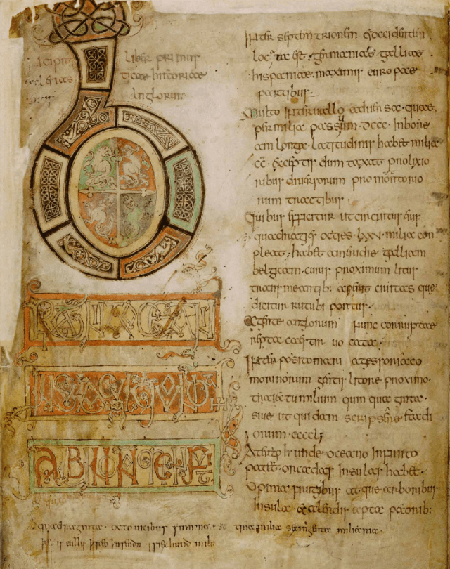 Medieval manuscript page with two columns of writing, with the column on the left containing a giant letter B that is elaborately decorated with knot work and zoomorphic designs.