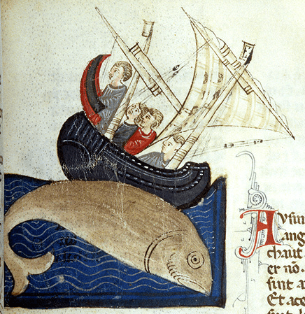Medieval manuscript image of a giant fish diving beside a two-masted, tilted ship in which are four men.