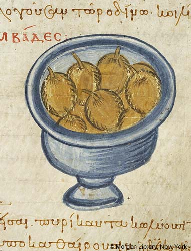 Medieval manuscript image of a container of green olives amidst Greek writing.