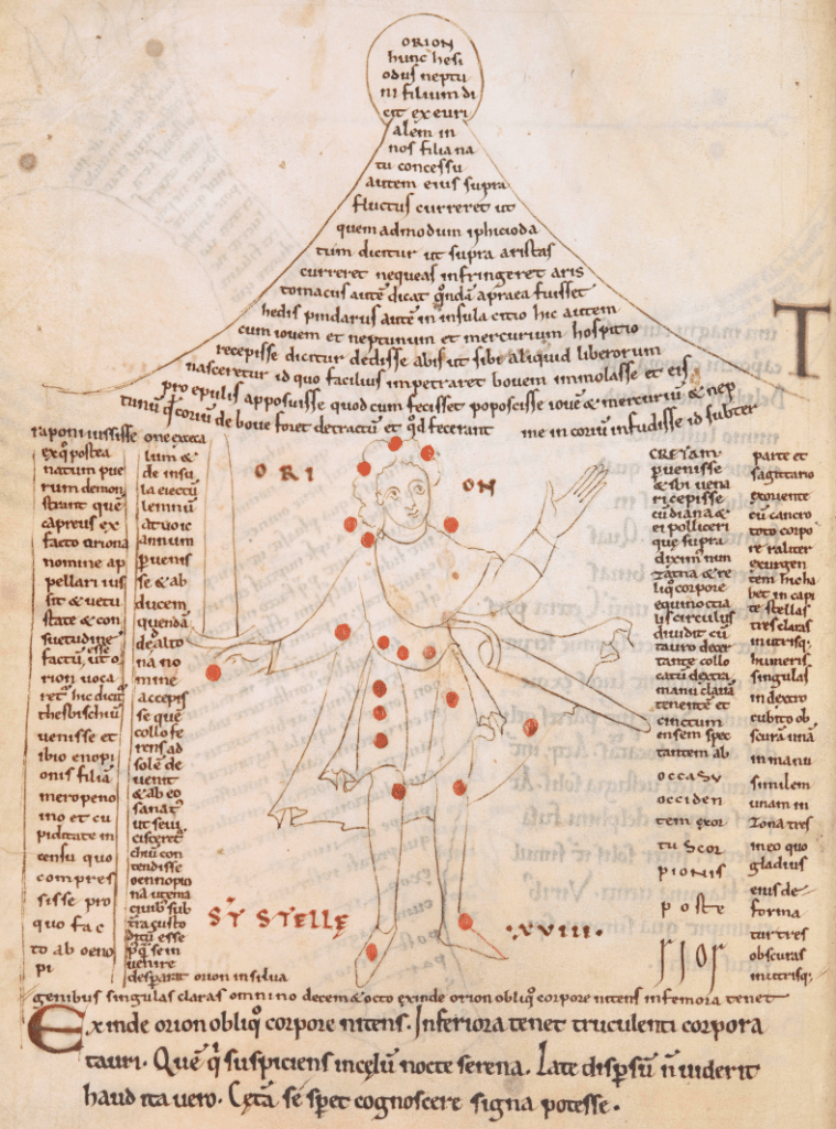 Medieval manuscript image of a man with a sword dotted with red circles to represent the shape of the constellation Orion; the man stands inside blocks of text that are shaped like a house.