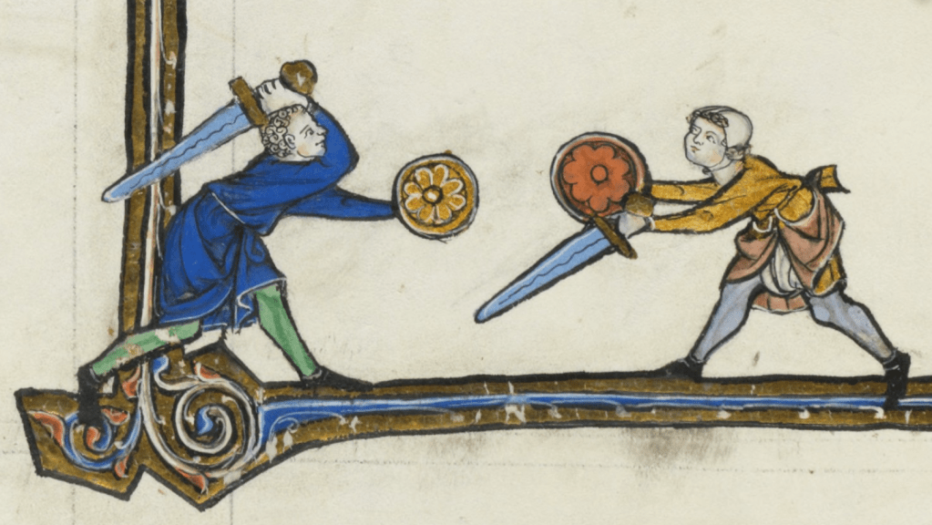 Medieval manuscript image of two men fighting with swords and shields.