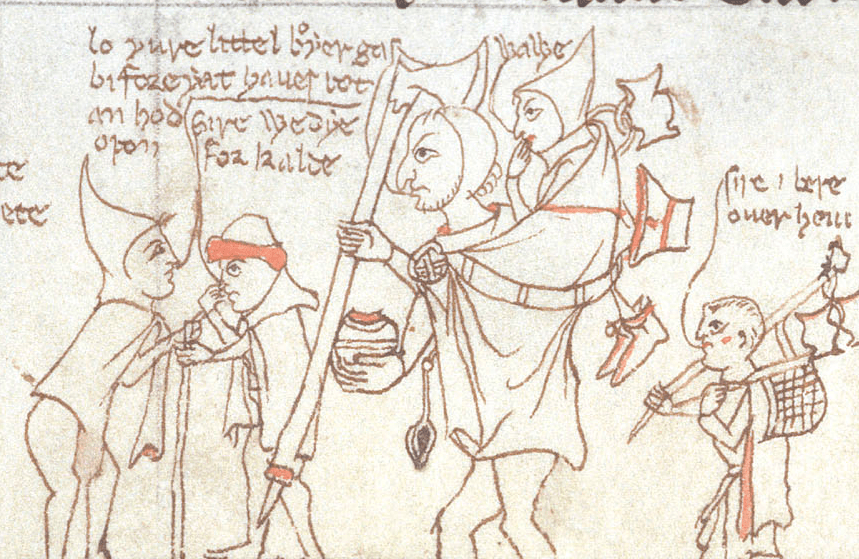 Medieval line drawing five people, including a baby, who are talking to each other, shown by lines connecting words to their mouths.