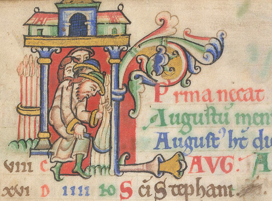 Multi-coloured historiated initial containing a man harvesting corn while three people watch from behind him; the Latin text of the manuscript includes the word August.