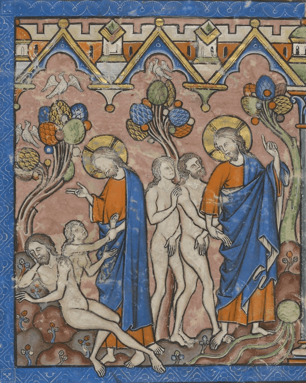 A sequence of illustrations in a medieval manuscript depicting events in the Garden of Eden: God pulling Eve from a reclining Adam’s side; God leading Adam and Eve, gesturing towards fruits in a tree.
