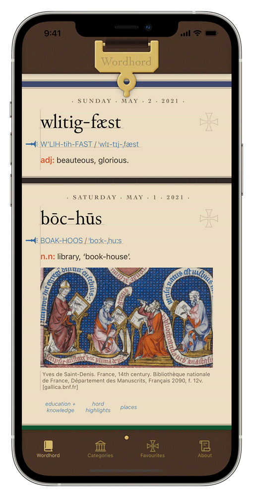 iPhone showing the Old English Wordhord app with the cover open and two words. wlitig-fæst: beauteous and bōc-hūs: library with a medieval manuscript image of four roped people surrounded by scrolls of text.