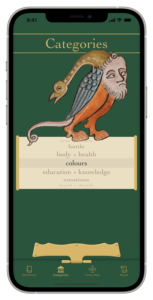 iPhone showing the Categories tab of the Old English Wordhord app. Medieval manuscript illustration of a bird man creature and a list of categories on a scroll.