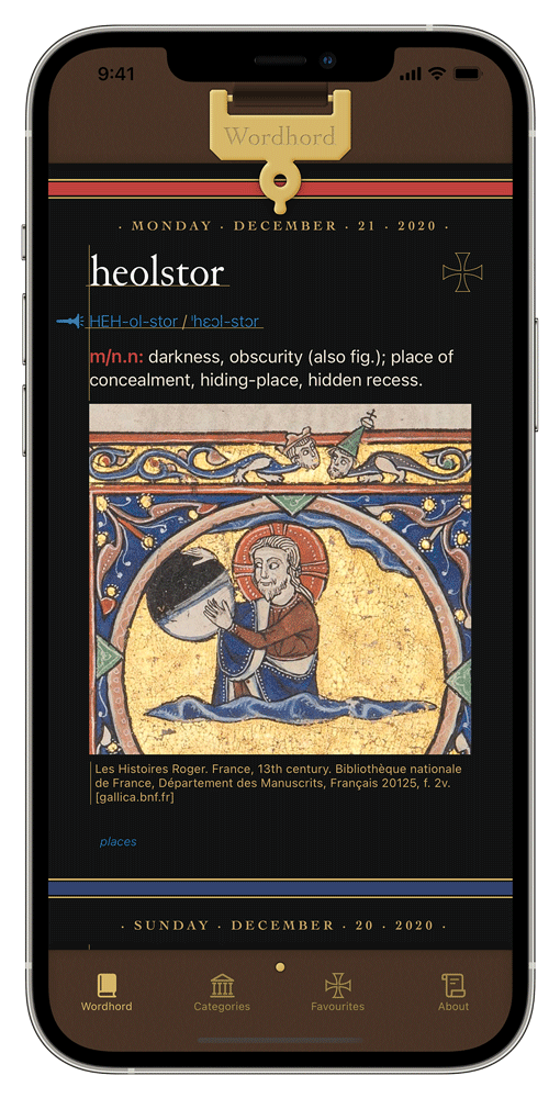 iPhone showing the Old English Wordhord app in dark mode with a word displaying. holster: darkness with a manuscript illustration of a man holding a sphere that's half-black, half-white