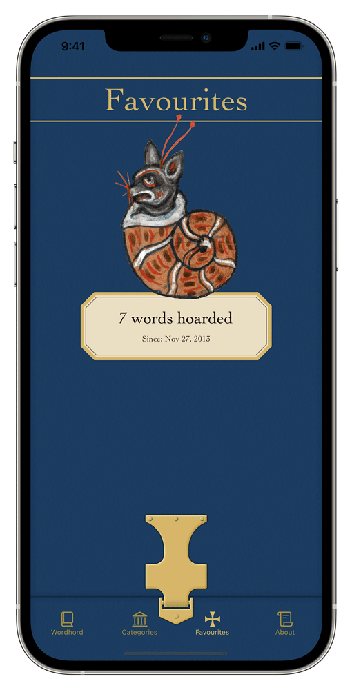 iPhone showing the Favourites tab of the Old English Wordhord app. Medieval manuscript illustration of a cat-snail and the text: 7 words hoarded