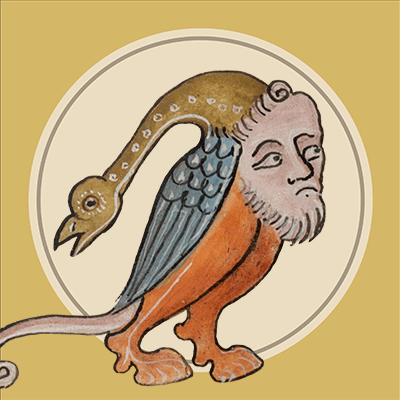 Hoofed man with a bird hat in a circle.