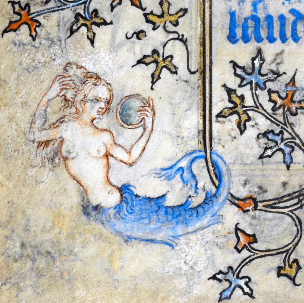Medieval manuscript image of a blue-finned, bare-breasted mermaid, combing her hair with one hand and holding a looking glass in the other.