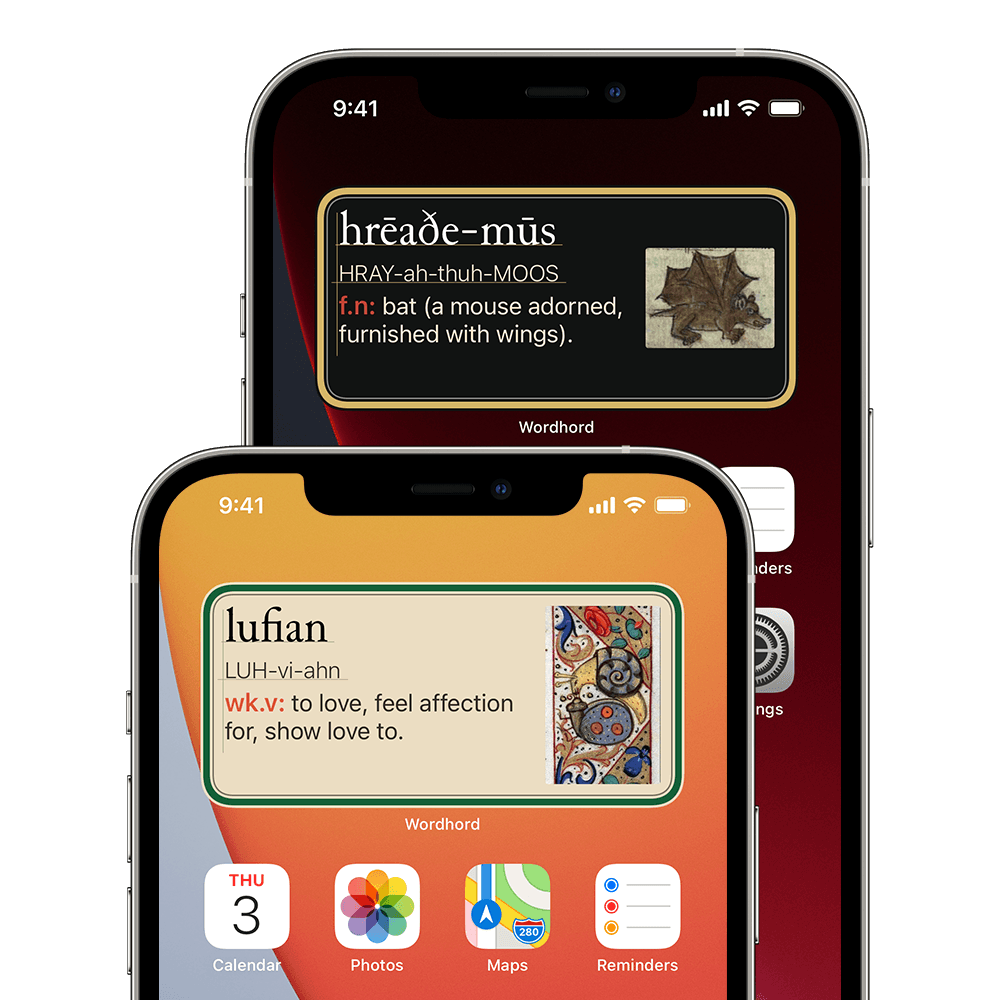 Two iPhones in light and dark mode, each showing a widget with an Old English word of the day. hrēaðe-mūs: bat (a mouse adorned with wings) and lufian: to love. 