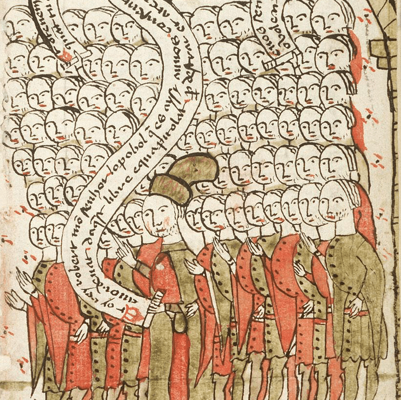 Medieval manuscript image of a massive group of people, seven rows of a dozen or so each; one man standing in front holds a scroll in one hand that winds upwards across the crowd.