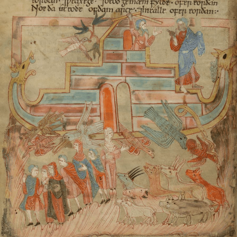 Medieval manuscript image of after the Flood has subsided, when pairs of animals and people leave Noah’s Ark, with its curvy, dragon-headed bow and prow.