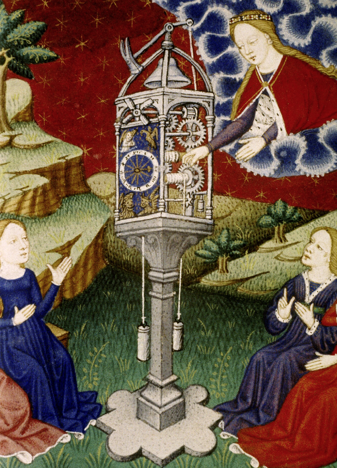 Medieval manuscript image of a huge intricate clock, standing on earth, but with its open and visible wheel-work and dial and bell in heaven; women sit at the base of the clock, while a crowned woman in the clouds winds it.