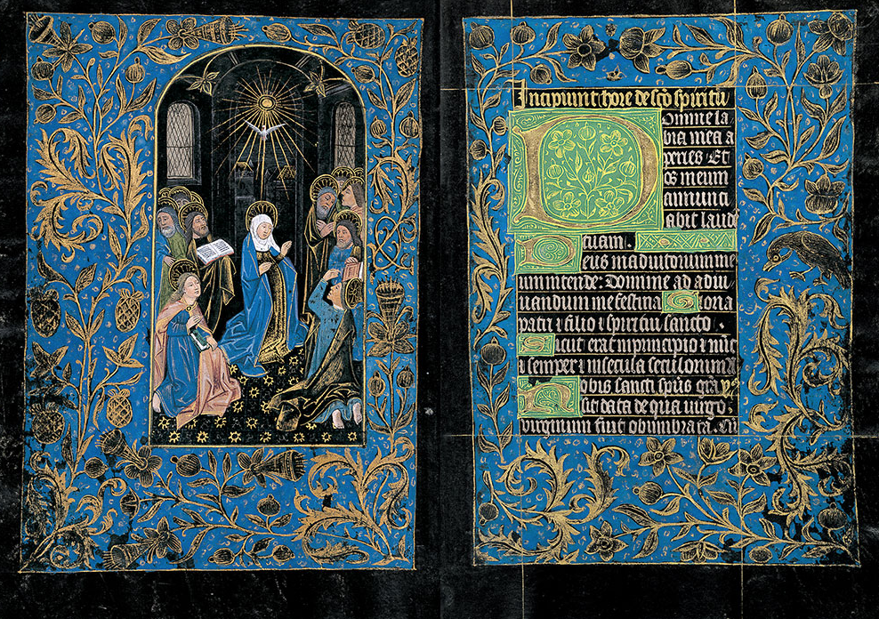 Two facing pages of a medieval manuscript made of black-dyed parchment, with an illustration of saints on the left and Latin writing in gold and white on the right; the margins are decorated with a floral design in gold leaf on a field of blue.