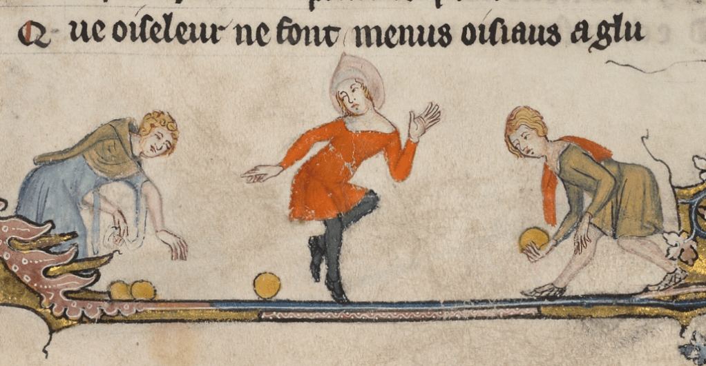 Medieval manuscript image of three people playing a game with gold balls, the person on the right getting ready to roll a ball towards the person on the left.