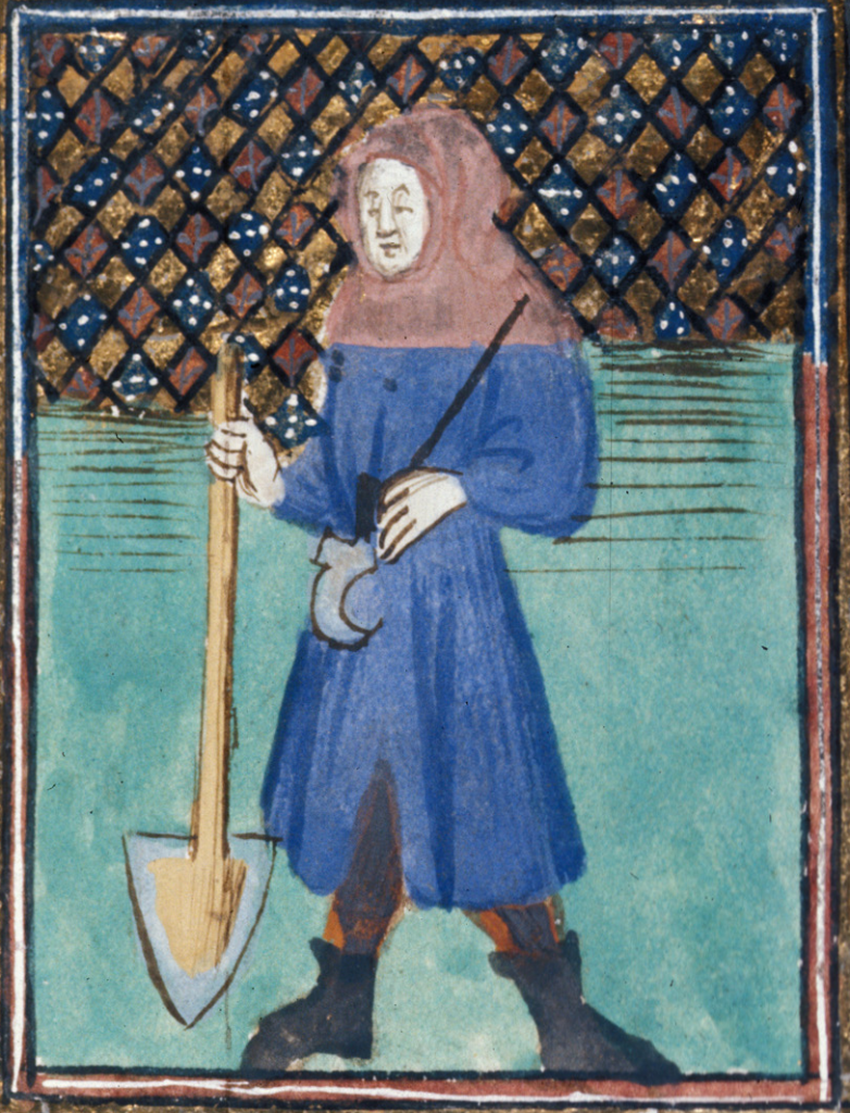 Medieval manuscript image of a hooded man holding a spade, rod and pruning hook.