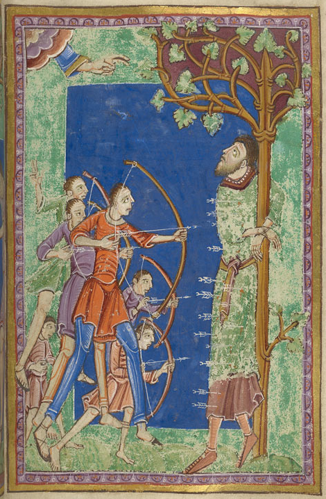 Medieval manuscript image of archers shooting arrows into a man bound to a tree; the man gazes up at the clouds from which a hand is shown giving a gesture of blessing.