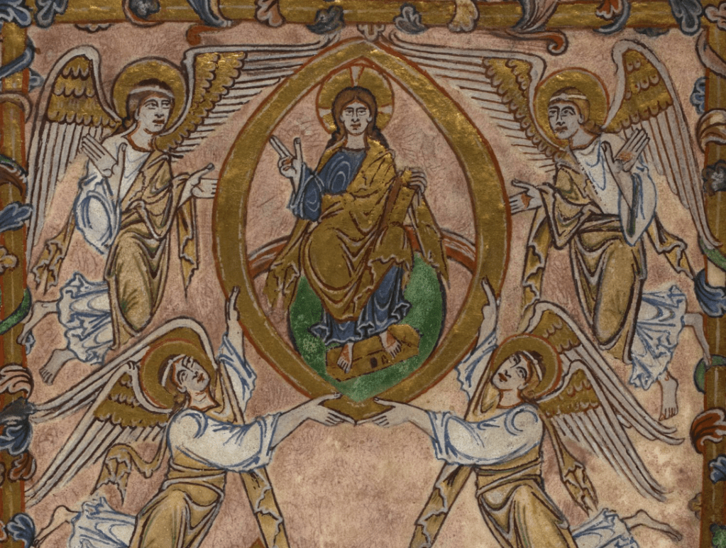 Medieval manuscript image of four angels hovering in the air, two of whom carry a golden mandorla, inside of which sits Christ making a gesture of blessing.