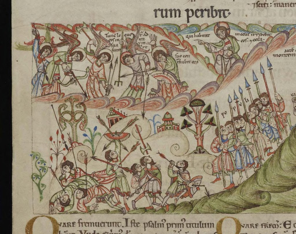 Medieval manuscript image of angels in heaven hurling spears and axes and shooting arrows down at a group of soldiers below; God points to the angels, as if directing them, and another group of men marches towards the battle with spears.