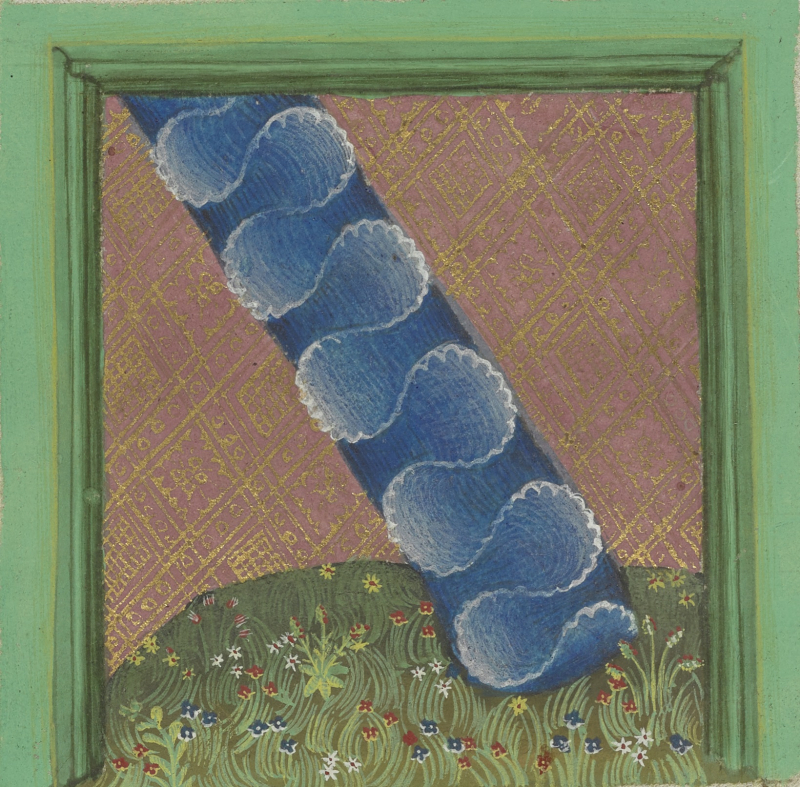 Medieval manuscript illustration showing a blue pillar of cloud springing up from a field of flowers, extending up and to the left out of the green frame.