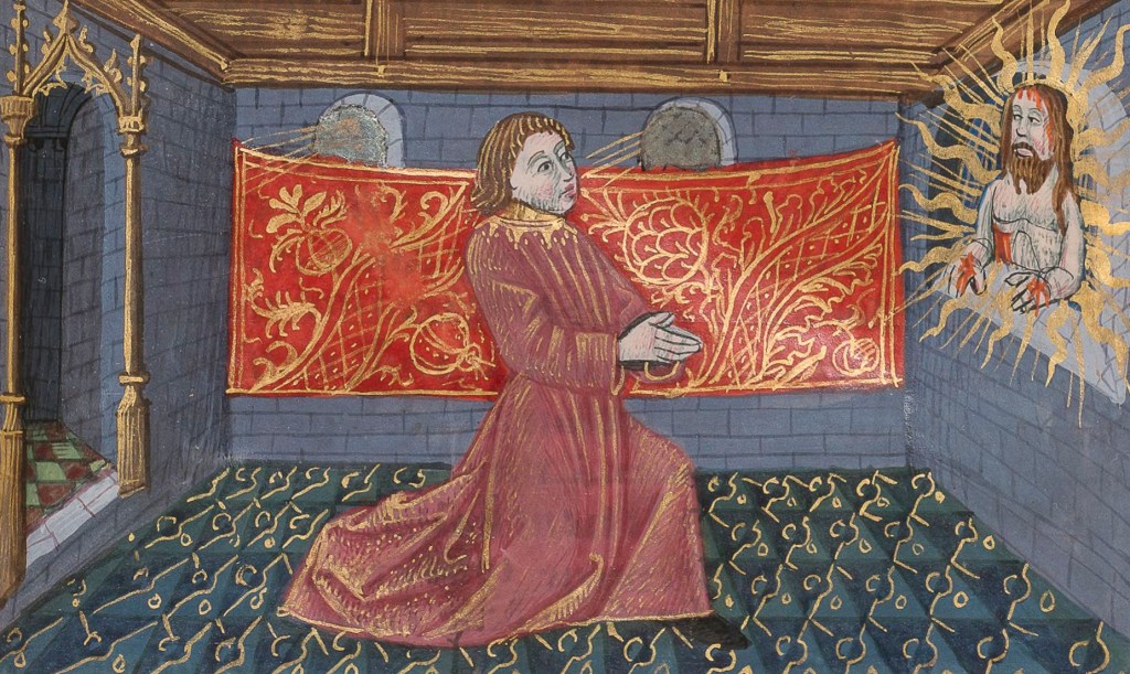 Medieval manuscript image of a man kneeling in prayer before a bleeding Jesus that radiates light from a window or niche; the arched windows on the back wall are partially covered by a rectangular red and gold tapestry, and the doorway behind the man is adorned with decorative carvings.