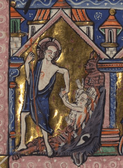 Medieval manuscript illustration of a haloed, bleeding, cross-bearing Christ guiding naked men out of a gaping, toothy animal mouth; a couple of hairy demons watch.
