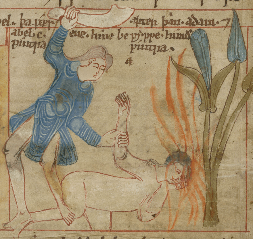 Medieval manuscript illustration of a a man raising a jawbone over his head, grasping the arm of a man who lies on the ground before him, blood spilling from his head onto some kind of plant.