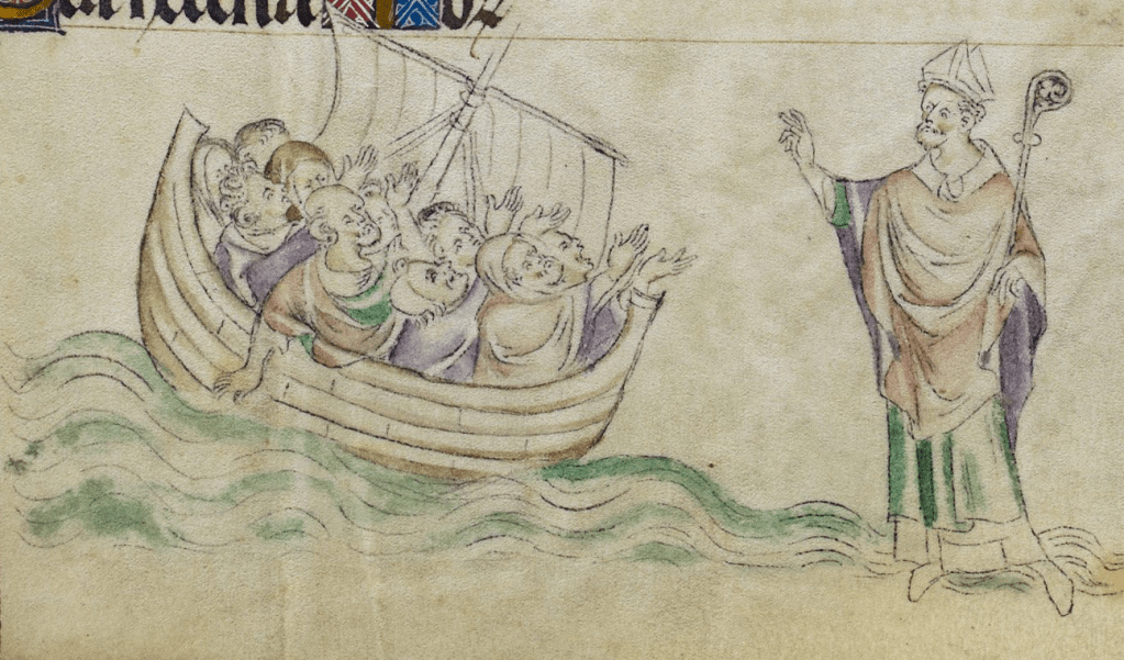 Medieval manuscript illustration of a mitre-wearing, crozier-carrying bishop raising his right hand to a ship packed with concerned-looking men; the ship is sailing on choppy waves that become smoother closer to the bishop.