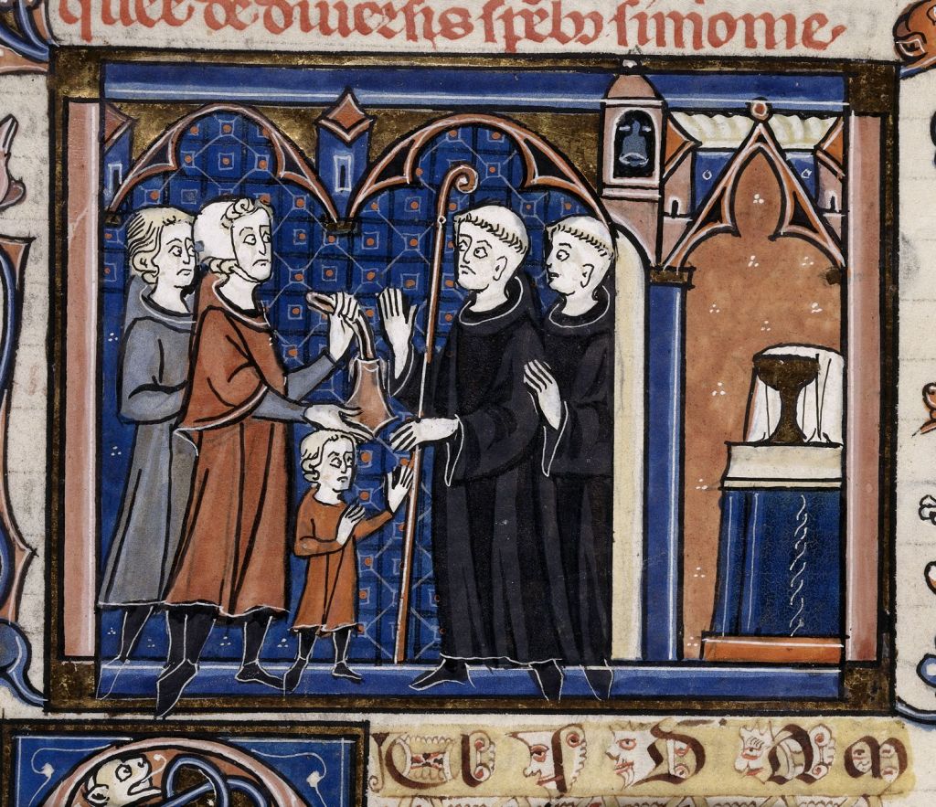 Medieval manuscript image of a small boy being received into a monastery; he faces two tonsured monks who have come out of a church, while two laypeople stand behind him and hold out a bag.