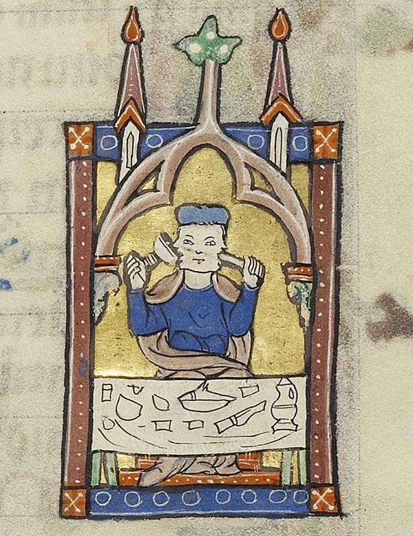 Medieval manuscript image of a two faced man sitting at a table; one mouth is drinking from a goblet, while the other is eating.