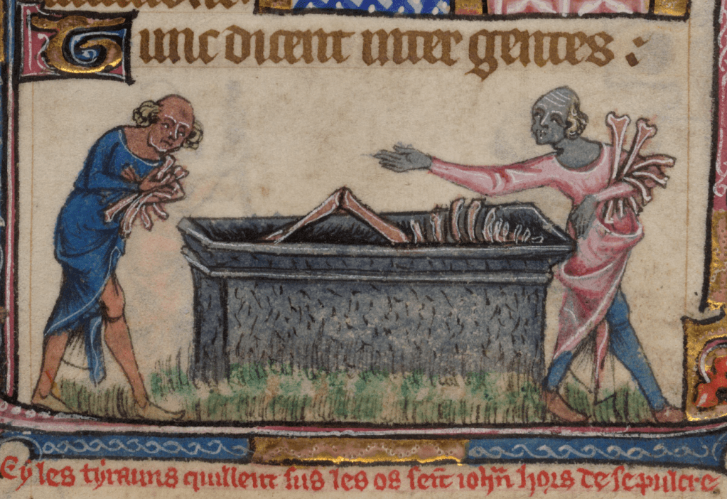 Medieval manuscript illustrations of two people (one of whom is grey like a corpse) stealing bones from an open tomb containing a partially visible skeleton; a Latin inscription in red ink below the image identifies it as the tomb of John the Baptist.