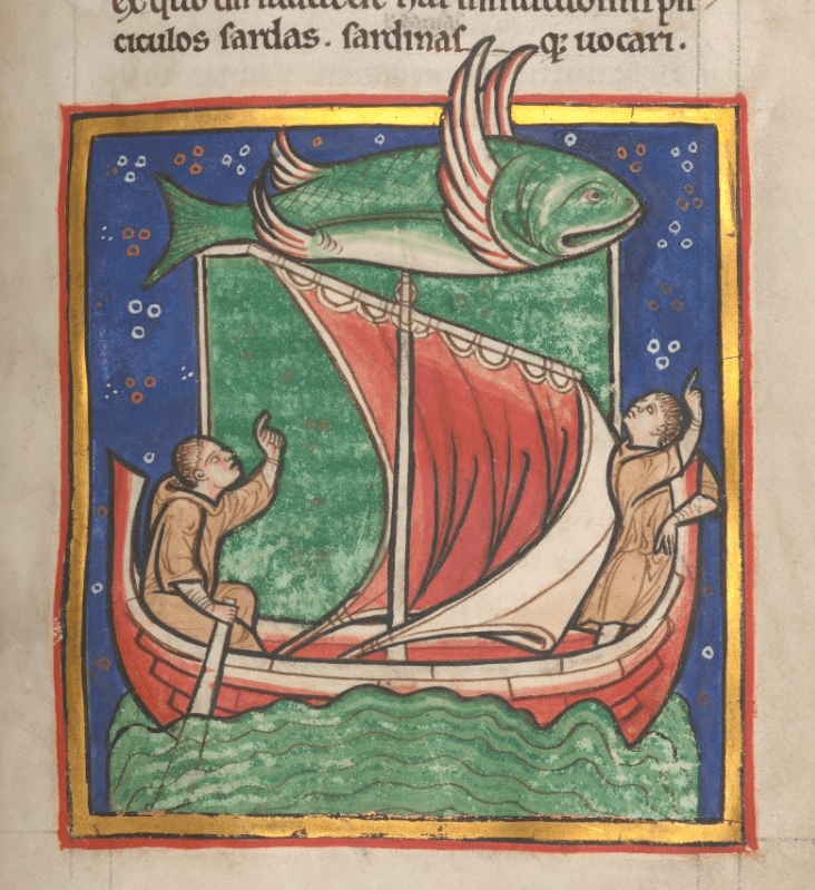Medieval manuscript image of two men on a sailboat with a giant fish flying overhead. Both men are pointing at the fish: one man, seated, holds the rudder, while the other clutches the bow.