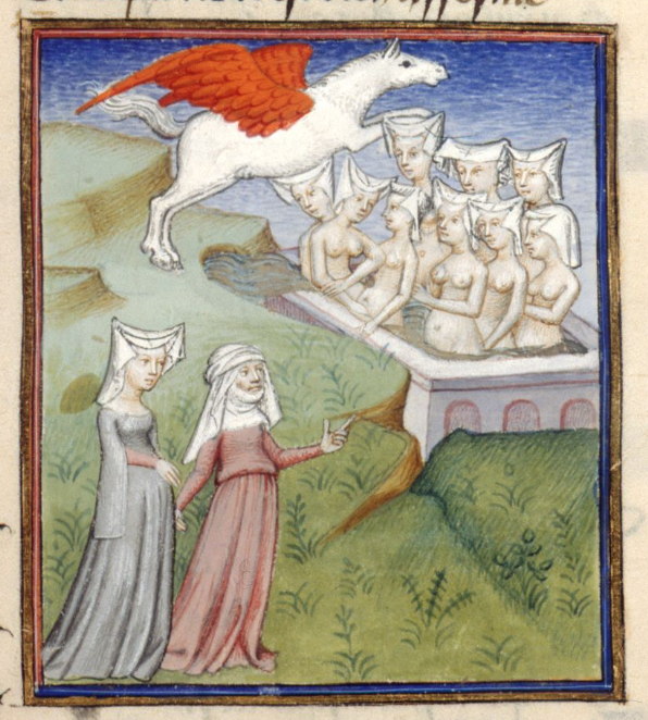 Medieval manuscript image of two women clothed in long dresses observing a red-winged horse flying over nine women in an outdoor bath; the bathing women are naked except for the wimples on their heads.